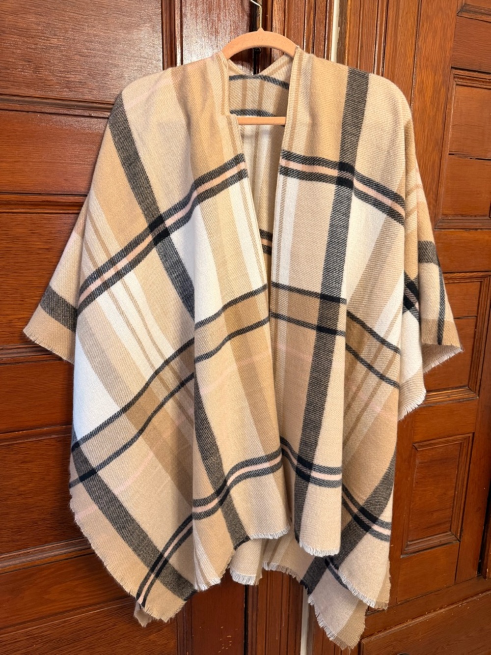NWOT Beige Plaid Open Front Shawl Wrap Poncho with fringe edges all around.